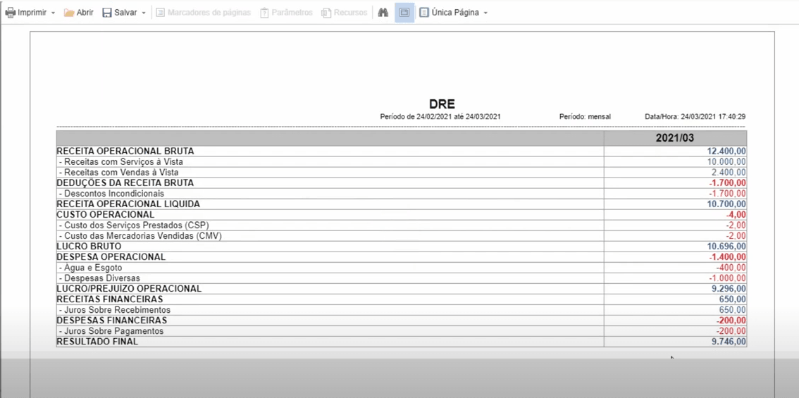 Tela do demonstrativo de resultado (DRE)